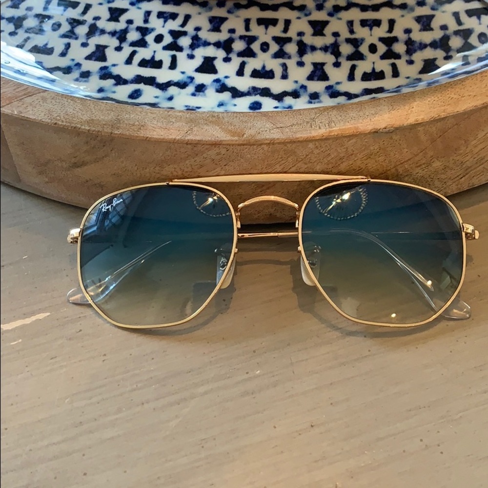 Gold Rimmed RayBans with Blue Lenses